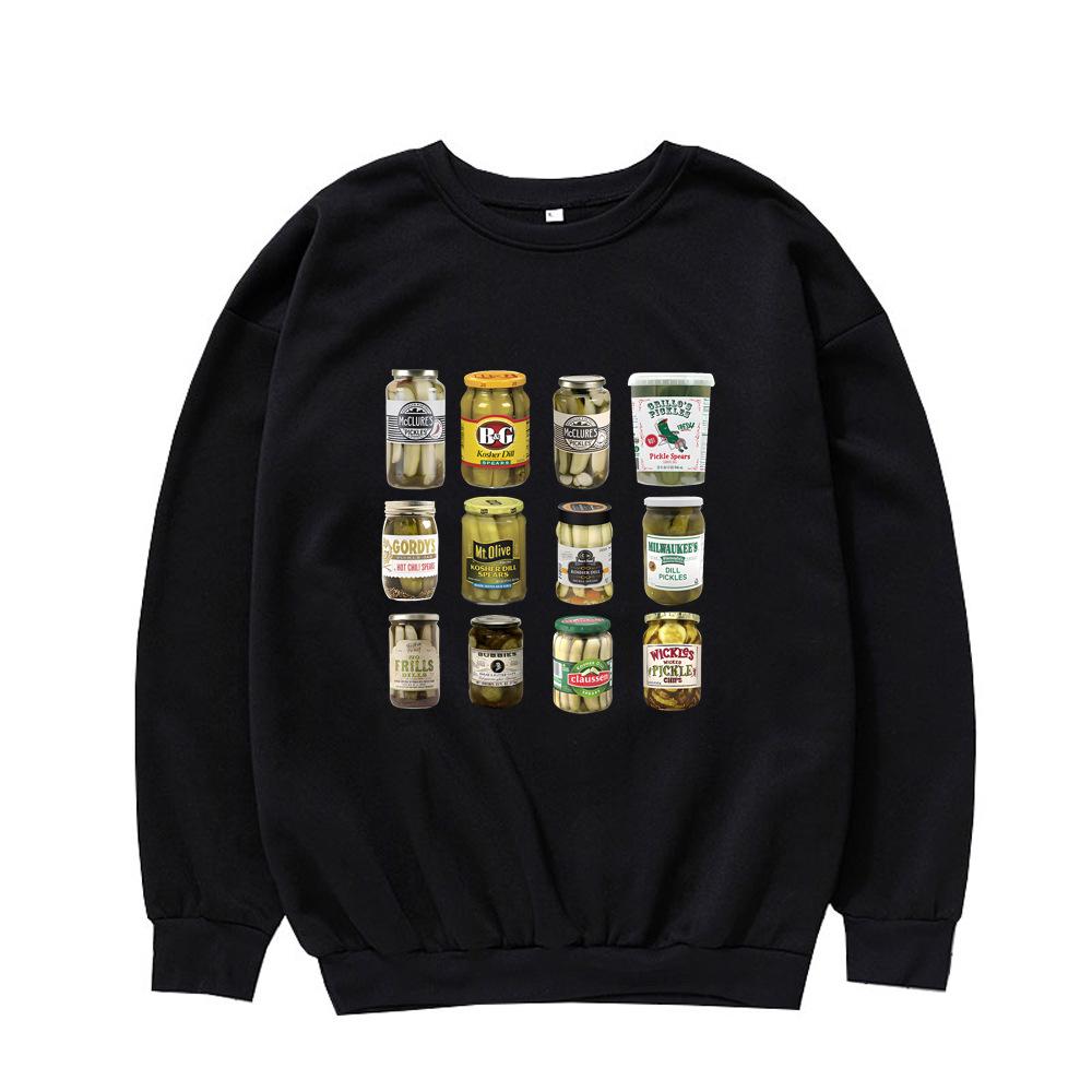Retro Pickle Jar Printed Round Neck Pullover Hoodie