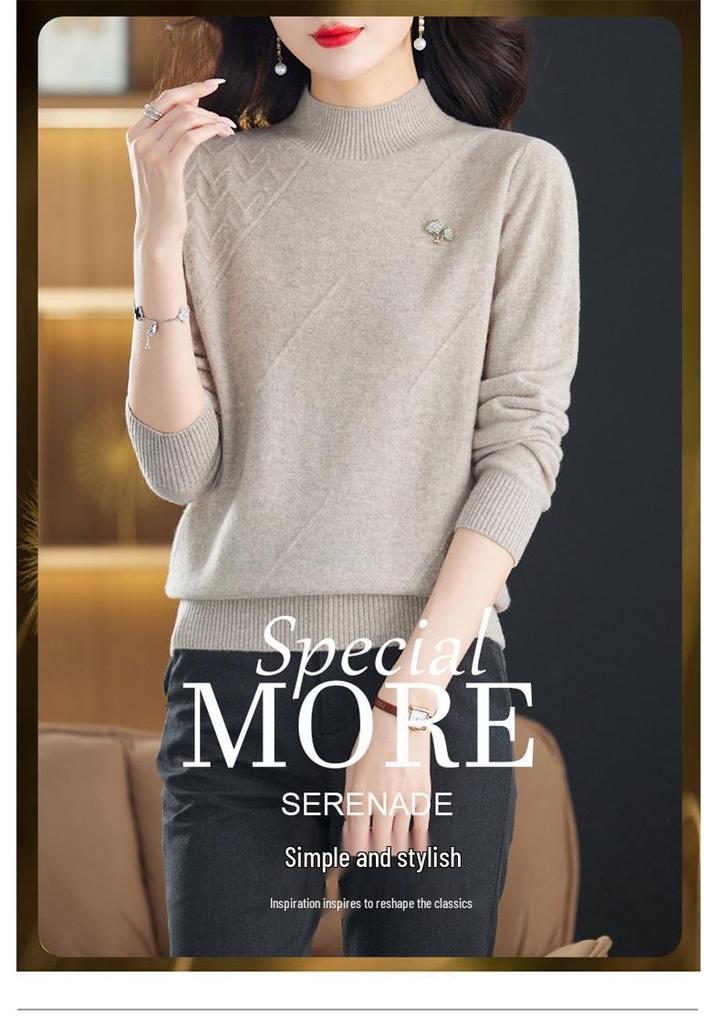 Women's Warm Wool Pullover Sweater with Half-High Collar - Loose Fit for Autumn/Winter