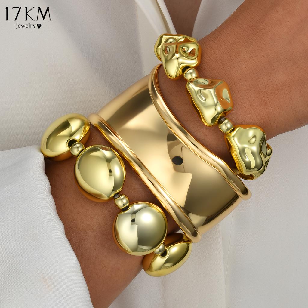 17KM 3 Piece Irregular Beaded Metal Bangle Set Fashion Jewelry Women Trendy Shiny Daily Party Accessory Gift For Her