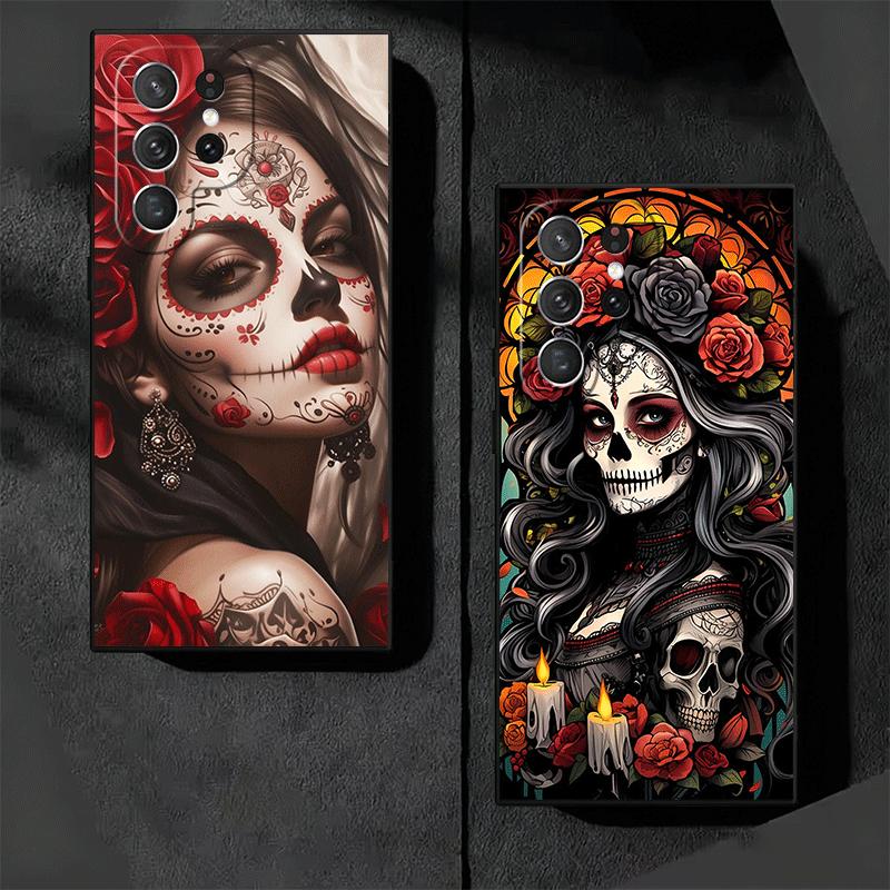 Catrina Beautiful Rose Girl Skull Soft Phone Case for Samsung Galaxy S26 S25 Edge S24 Ultra S23 Plus S22 S21 FE S20 Black Cover