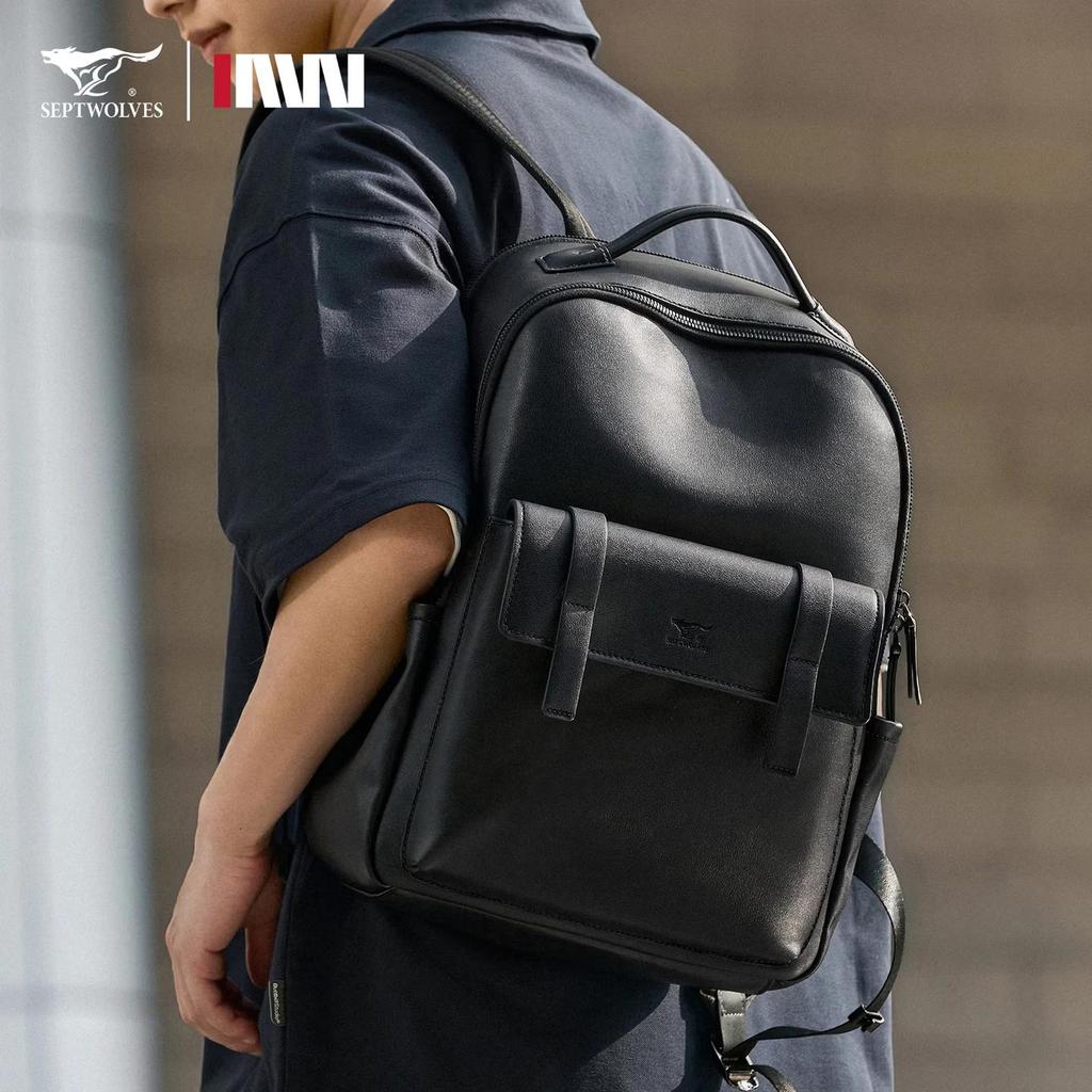 SEPTWOLVES Leather Travel Backpack, Business Backpack, Large Capacity Laptop Bag