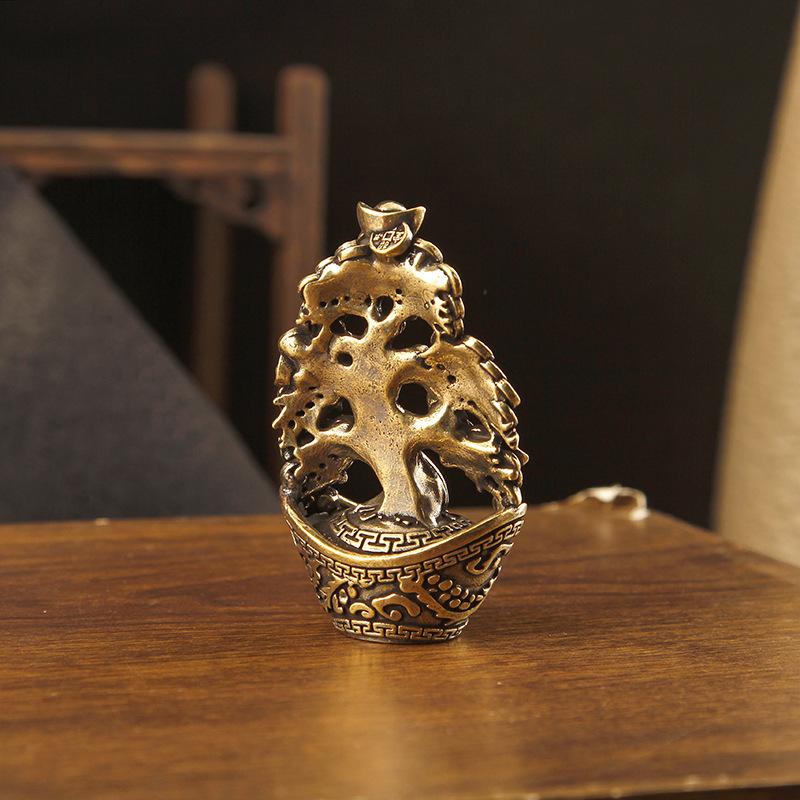 Brass Copper Wealth Tree Figurine Traditional Feng Shui Luck Ornament Creative Desktop Decor for Office Home Living Room Gift