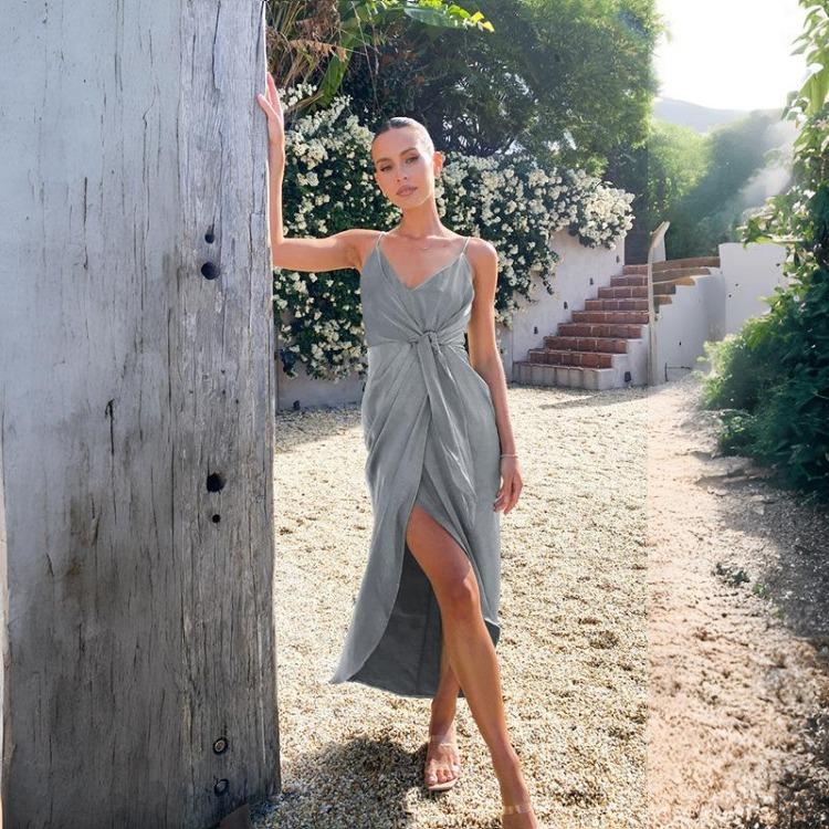 Elegant High Waist Backless Spaghetti Strap V Neck Ankle Length Solid Dress for Women with Design Sense
