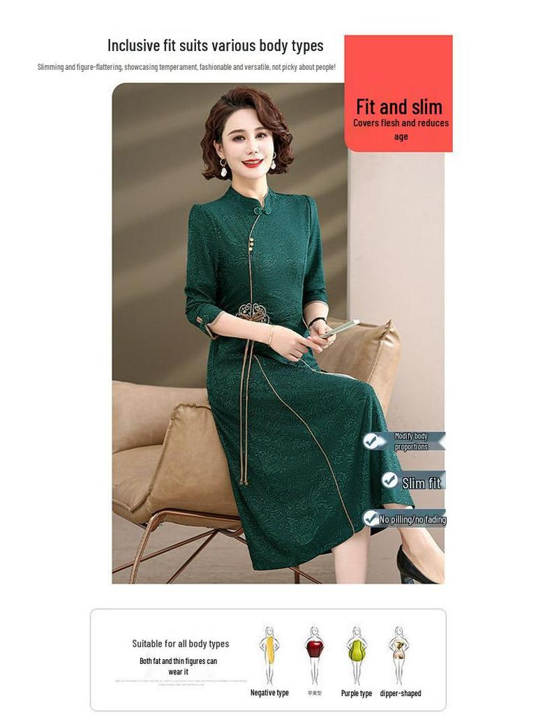 2024 Spring & Autumn Middle-Aged Women's Chinese Cheongsam Dress - Elegant Evening and Casual Style