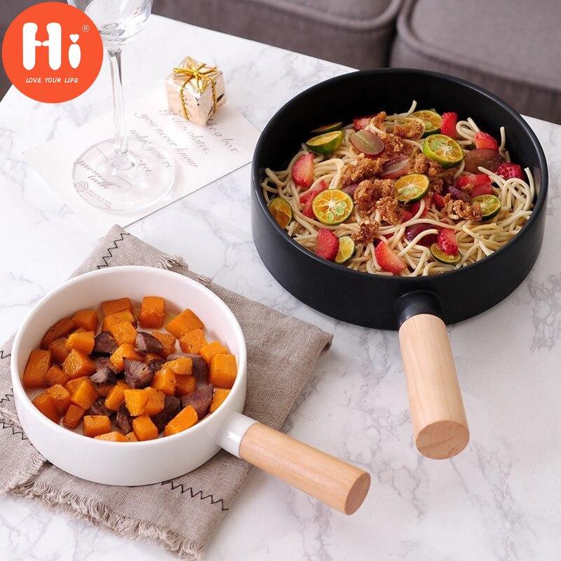 Hi Nordic Round Steak Dinner Plate Pan With Wood Handle Creative Pasta Salad Bowl Simple Ceramic Food Container Kitchen Tableware