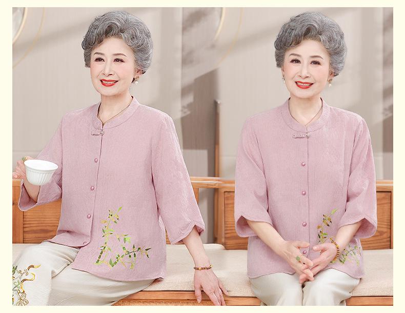 Women's Summer Cotton-Linen Set: 3/4 Sleeve Top & Two-Piece Outfit for Middle-Aged & Elderly