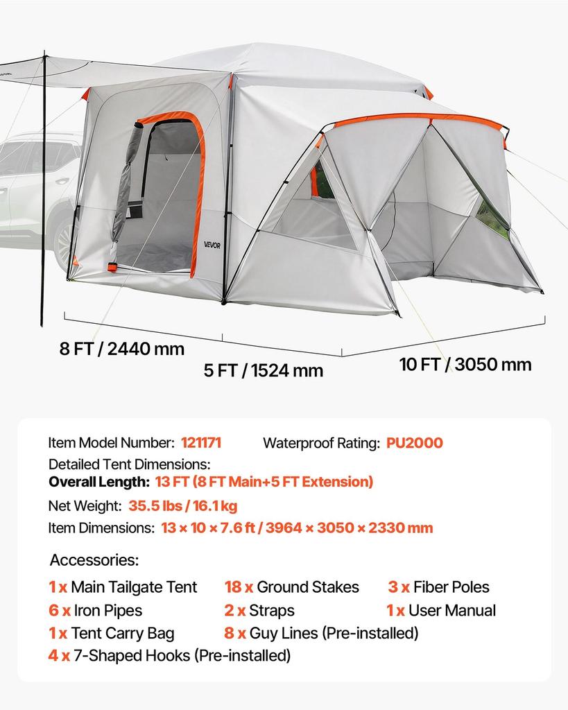 SUV Camping Tent for 5-9 Person, 3.96 x 3.05m 3-Season SUV Tailgate Tent with Ventilated Windows, PU2000mm Waterproof Dual-Use Car Rear Hatch Tents