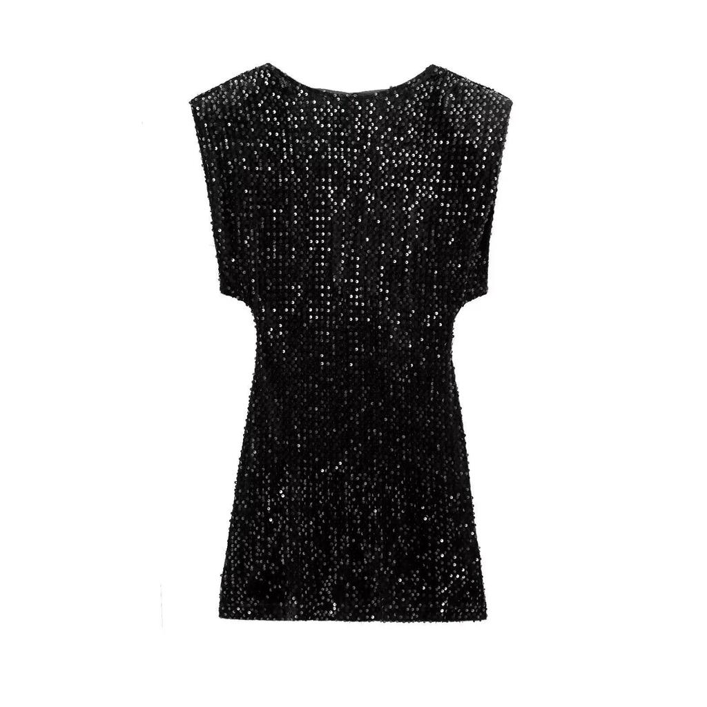 2024 Winter Black Sleeveless Mini Dress with Shoulder Pads and Sequin Embellishments