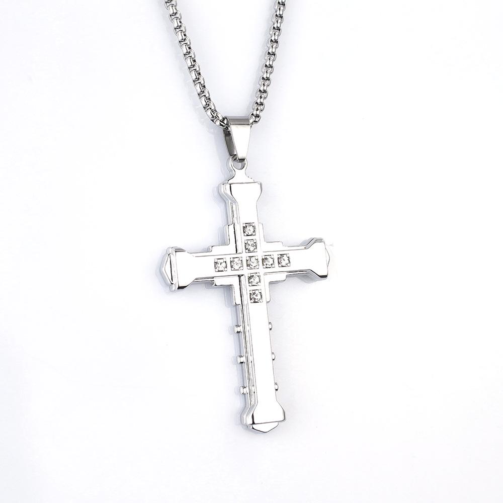 Titanium Stainless Steel Cross Necklace with Rhinestones - Men's Bold Fashion Accessory