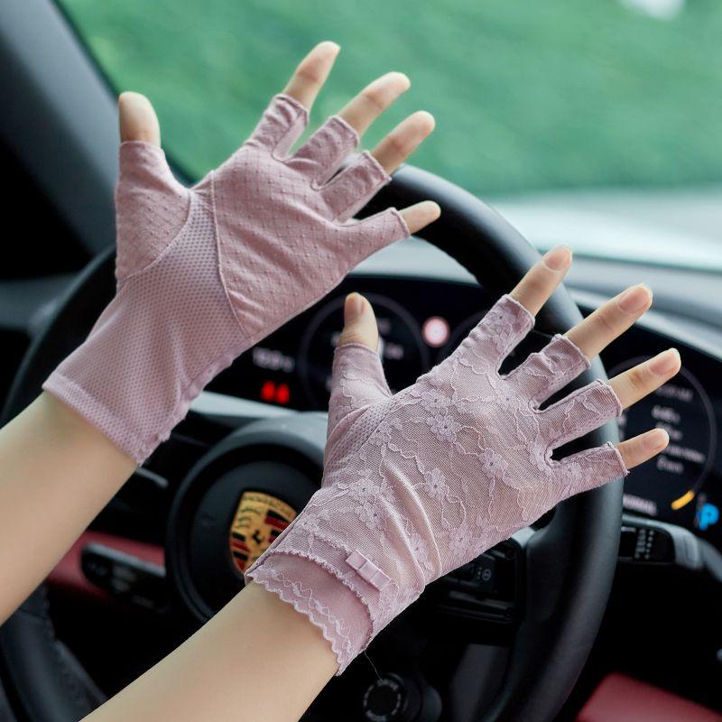 

Lace Half Finger Driving Non-Slip Gloves Lightweight Breathable Summer Riding Women Ice Silk UV Protection Open Finger New Purple One size