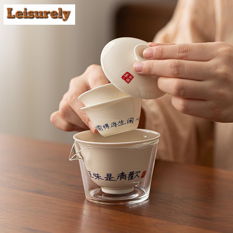 Retro Plant Ash Portable Travel Tea Set Boutique Koi Fish Set Of Cups 1 Pot 2 Cups Tea Maker Outdoor Tote Bag Accessories Craft