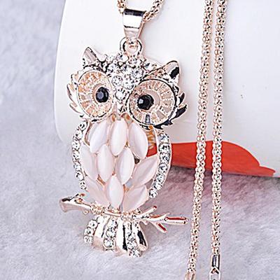 Ladies Crystal Rhinestone Opal Owl Pendant Necklace Long Chain Fashion Jewelry
