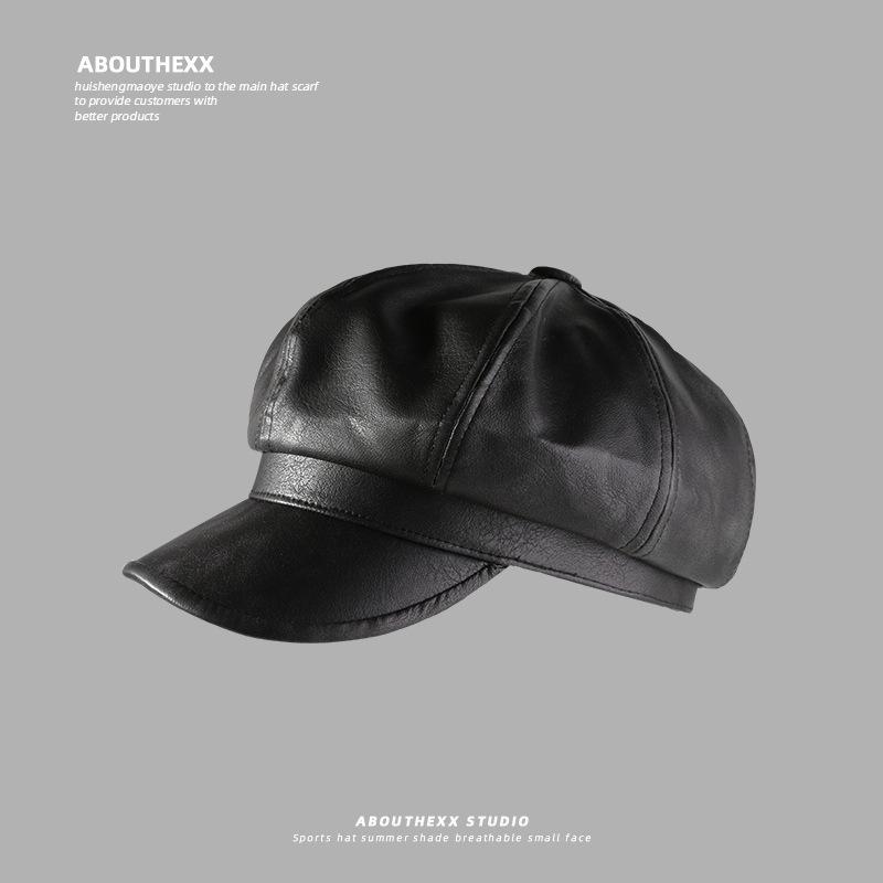 New Octagonal Hat for Women British Retro PU Leather Beret Showing Face Small Autumn and Winter Painter Hat Versatile Newsboy Hat