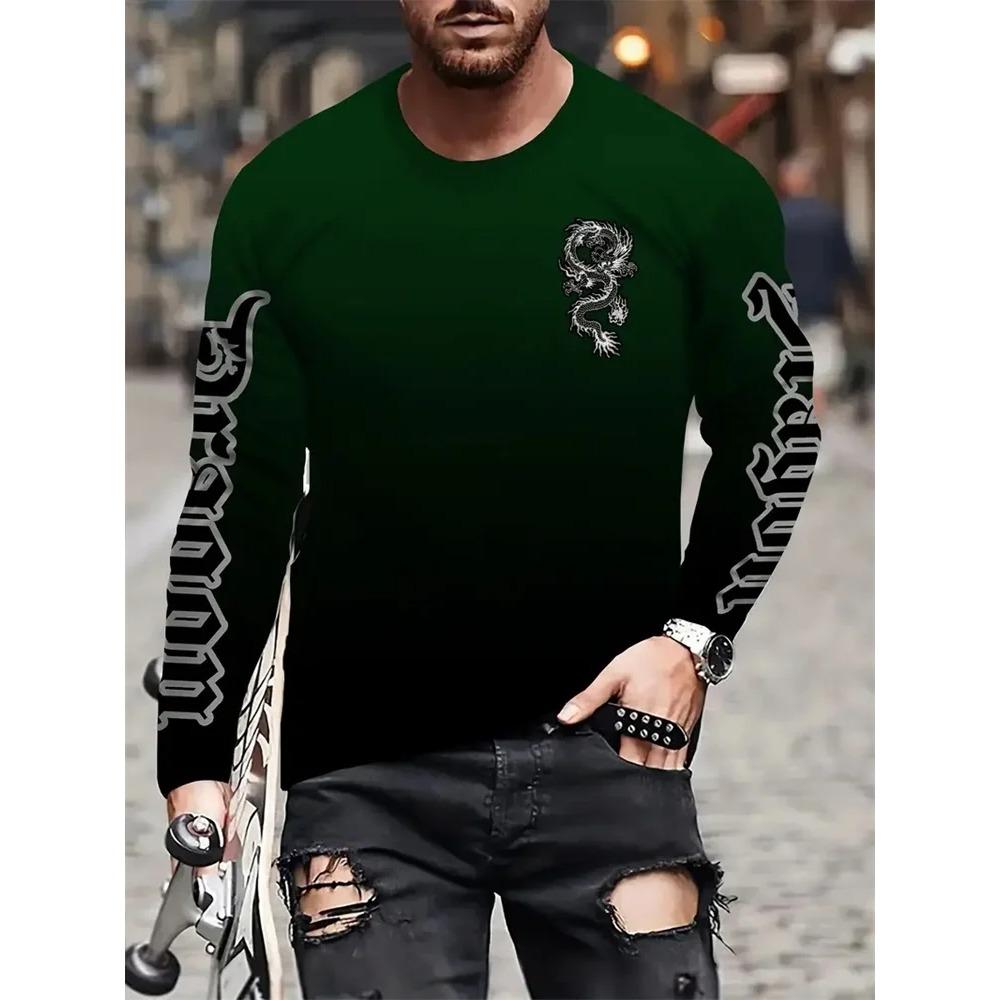 Simple Longteng Print Autumn Fashion Crewneck Men's Long Sleeve T-shirt Outdoor Street Fashion Top Everyday Casual Comfort