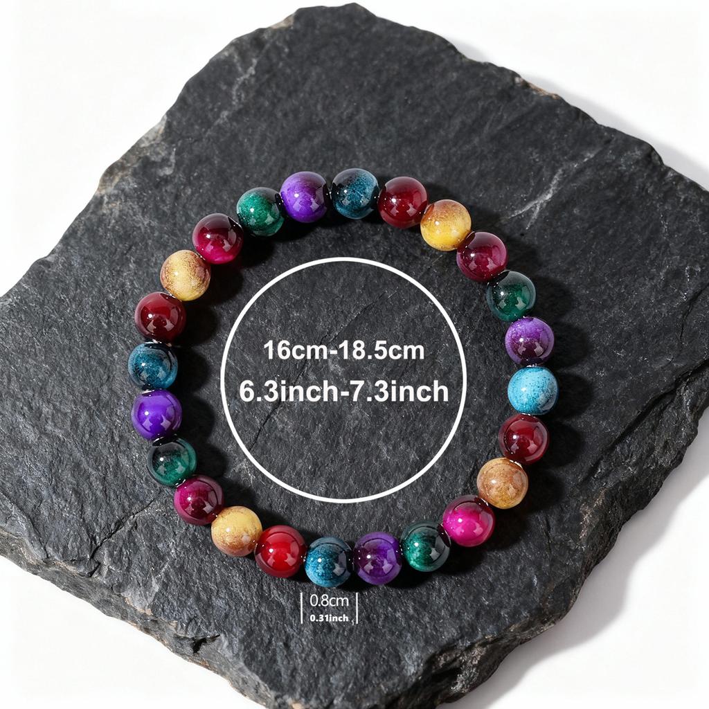 Festive Gifts Multicolor Rainbow Agate Beaded Bracelet Vibrant Fashion Jewelry For Men And Women Daily Wear Simple Versatile Accessory