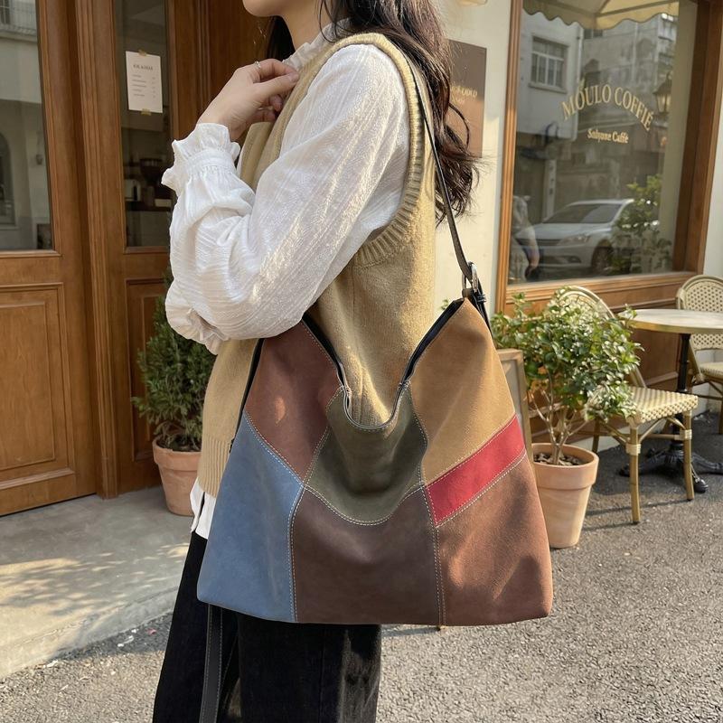 Crossbody Bag Large-capacity Retro Single-shoulder Tote Bag Women Contrasting Color Fashion Splicing Matte Texture