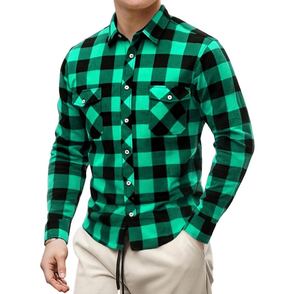 Men's Casual and Trendy Checked Print Long,sleeved Lapel Button Flannel Checked Shirt
