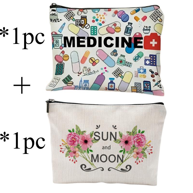 

2 шт. Косметичка для путешествий - Складной легкий органайзер для макияжа на молнии с дизайном таблеток, шприца и цветов, Косметичка