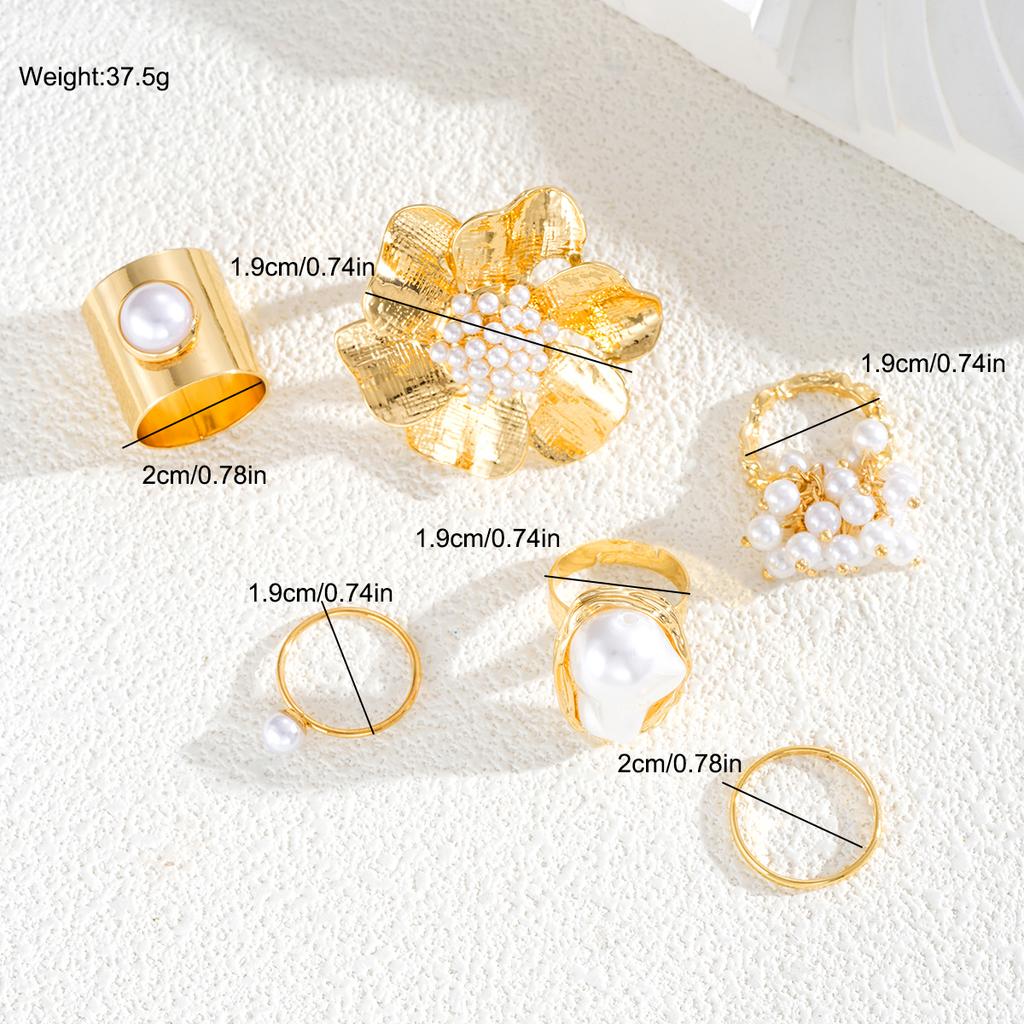 6/7 PCS Geometric Flower Imitation Pearl Rings For Women Vintage Irregular Gold Color Rings Sets Fashion Elegant Party Jewelry