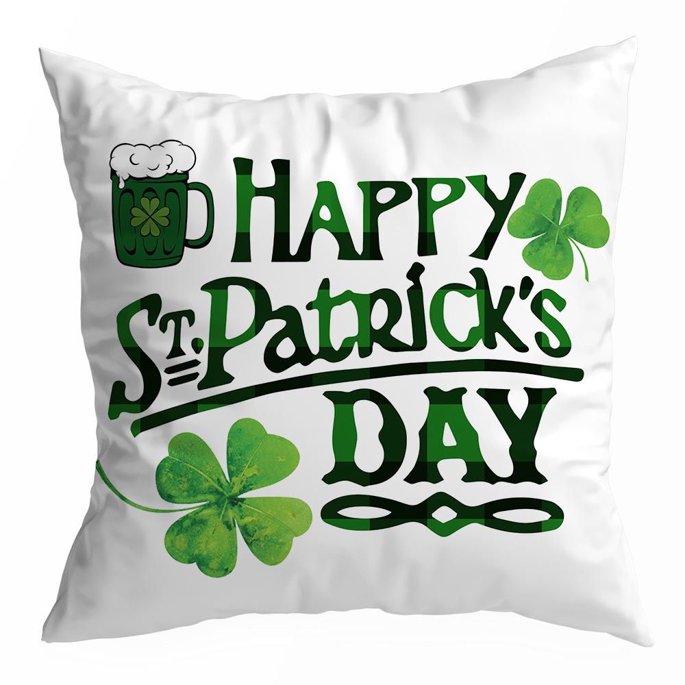 St. Patrick's Day Peach Skin Velvet Pillowcase, Green Four-leaf Clover Printed Sofa Pillow Cushion