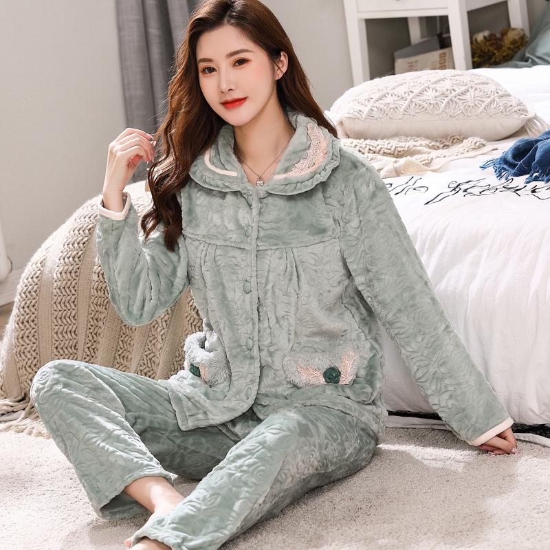 Women's Plus Size Thick Coral Fleece Pajamas - Warm Flannel Homewear for Autumn and Winter