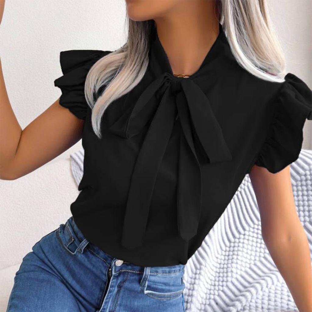 Women's Color Bowknot Short Sleeve Shirt
