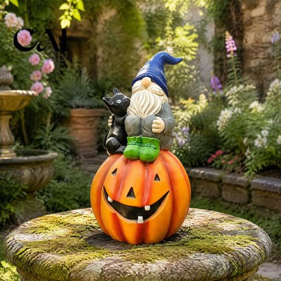 Halloween Gnome Decorations Outdoor Garden Statue, Resin On Pumpkin Figurine with Hand Painted Yard Decor Black Cat, Fall Autumn Dwarf Sculpture
