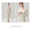 Women's Cashmere V-Neck Ribbed Waist Long Dress - Autumn/Winter Collection