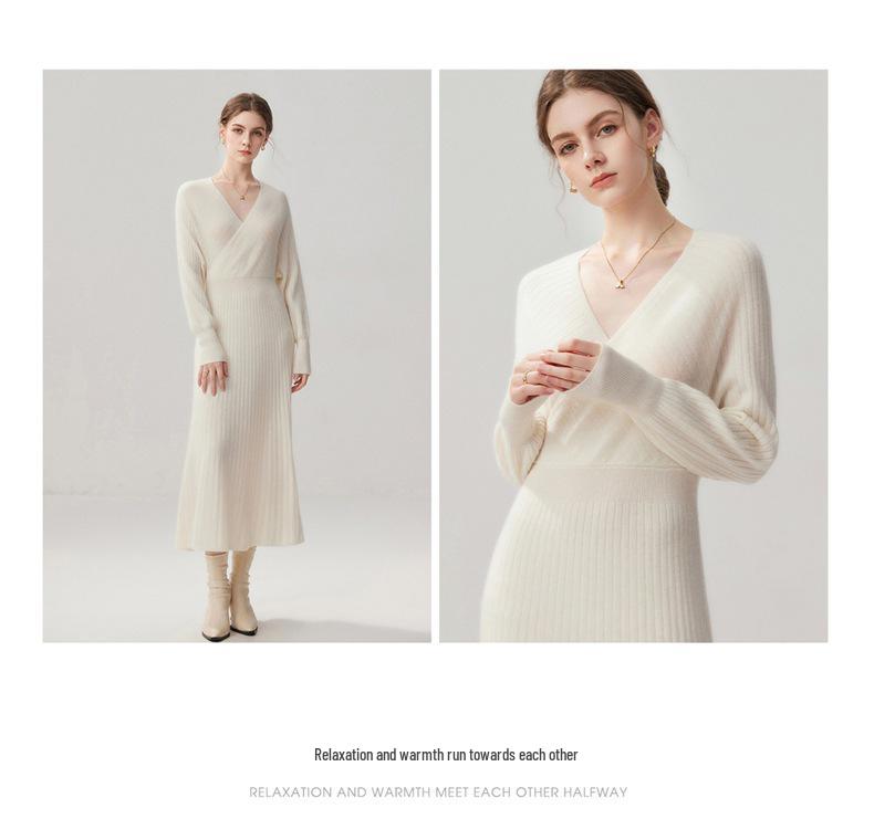 Women's Cashmere V-Neck Ribbed Waist Long Dress - Autumn/Winter Collection