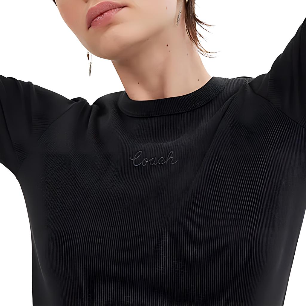 Coach Embroidered Ribbed Crew Neck Long Sleeve Shirt Women tops Black CU436-BLK