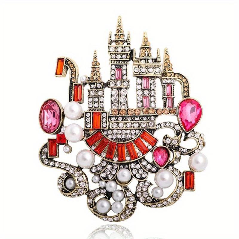 

Luxury Rhinestone Castle Brooches For Women Men Vintage Palace Party Banquet Brooch Pin Luxury Jewelry червоний