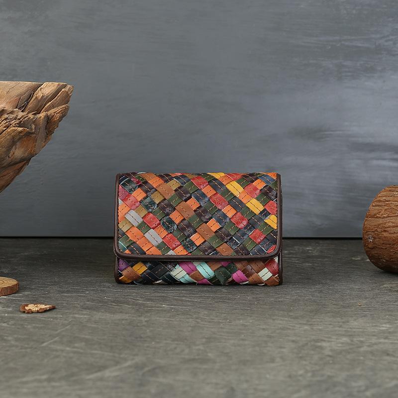 Peněženka z pravé kůže s duhovým pletením, velkokapacitní taška, více přihrádek, skládací peněženka s přezkou