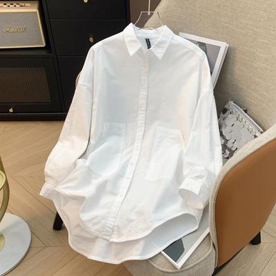 Women's Mid-Length White Oxford Cotton Shirt: Long Sleeve, Drop Shoulder, Versatile Casual Top