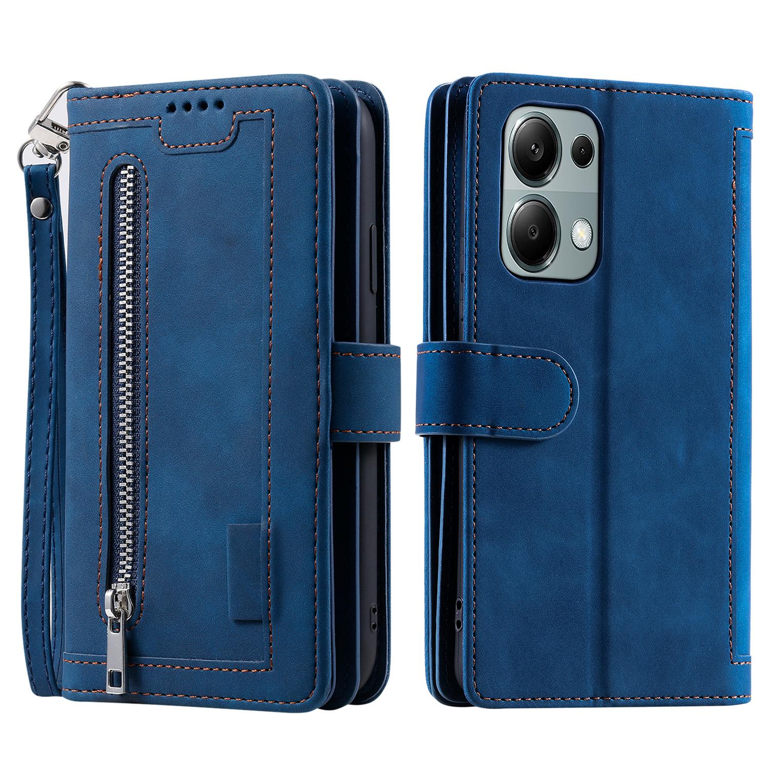 

For Xiaomi Redmi Note 13 Pro 4G/Poco M6 Pro 4G Case Zipper Leather Cover with 9 Card Slots Blue