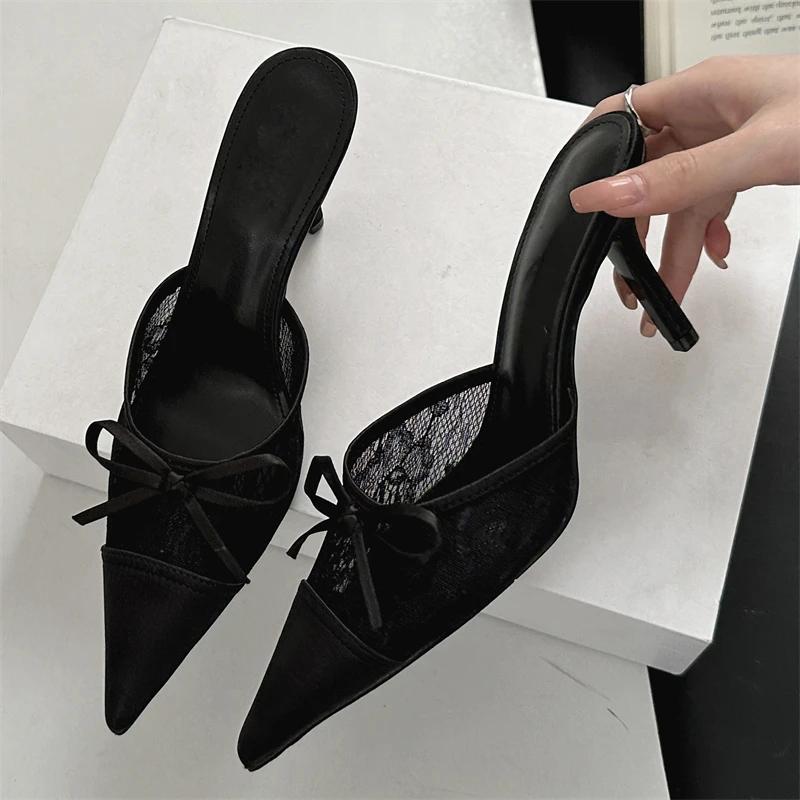 Fashion Eilyken Elegant Mesh Fabric Butterfly-knot Pointed Toe Slippers Women Sexy Thin Heels Party Prom Mule Shoes
