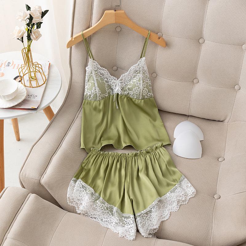 Summer pajamas women's thin ice silk suspender shorts two-piece set sexy belt chest pad lace halter vest set