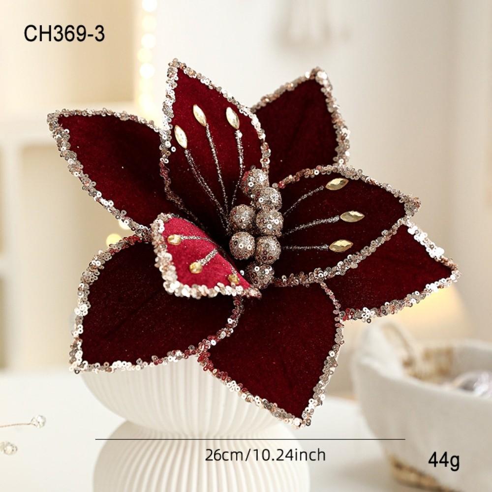 Sequins Artificial Poinsettia Flower 26CM Simulation Flowers Christmas Tree Accessory