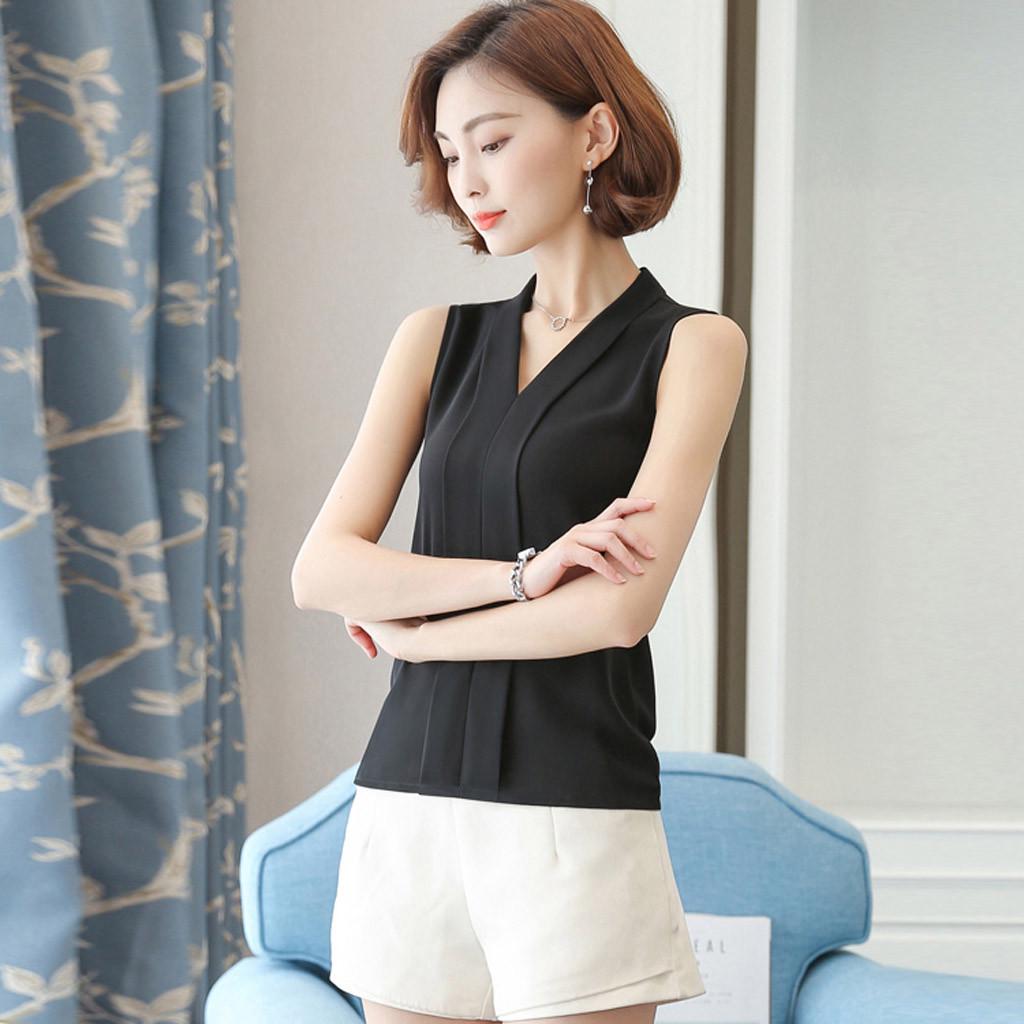 Dámské pracovní košile s výstřihem do V bez rukávů šifonové neformální topy