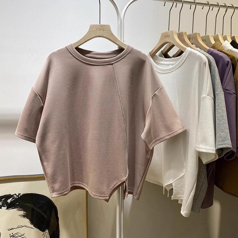 Women's Loose Fit Round Neck Tee with Irregular Slit Design - 2024 Korean Summer Style