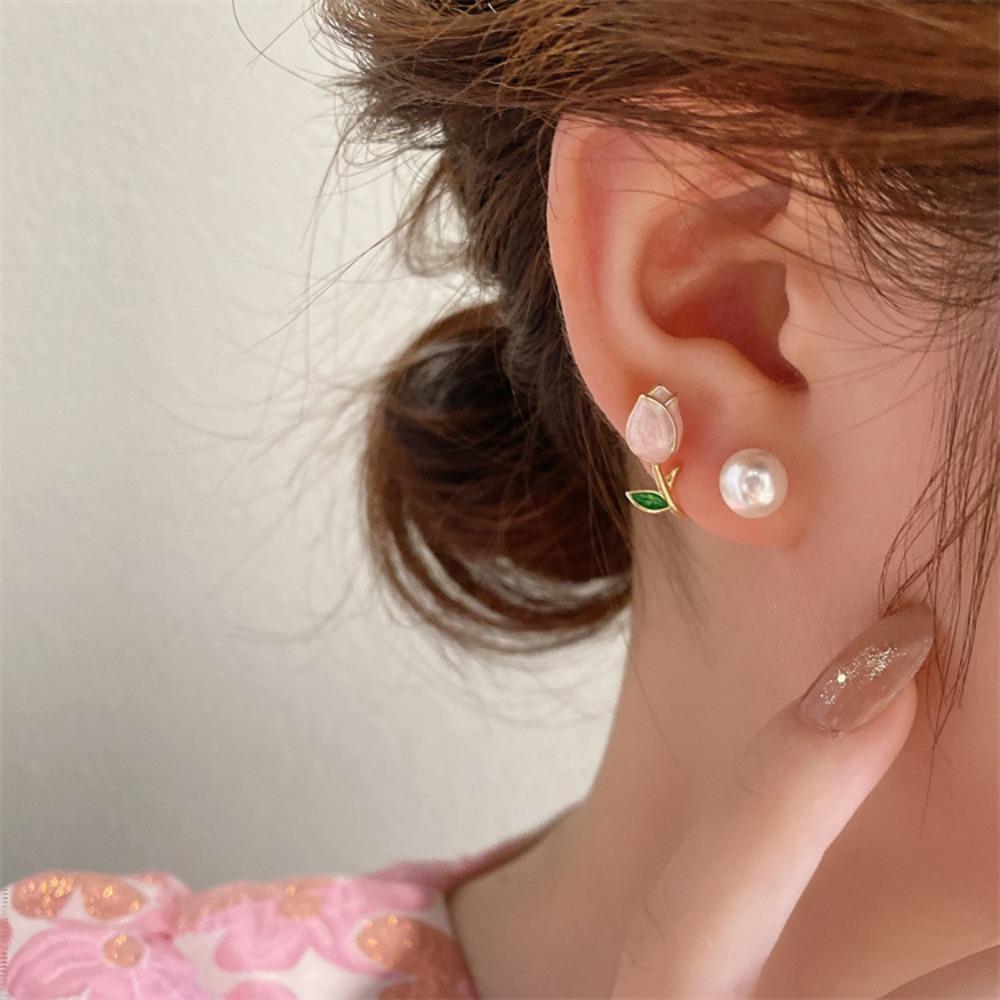 Korean Light Luxury Pink Tulip Imitation Pearl Stud Earrings, Two Ways To Wear Fashion Earrings for Women Girls Daily Party