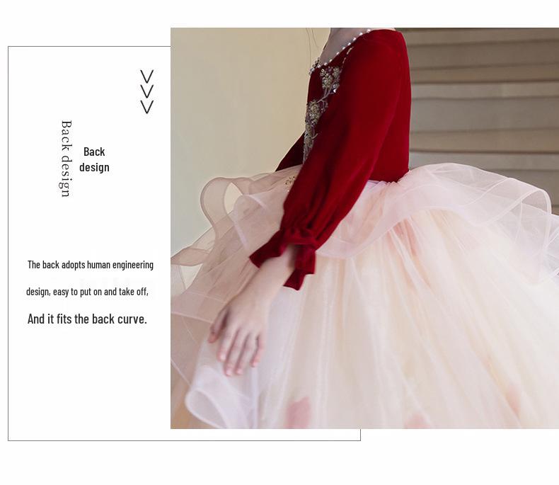 Vestido de Noche Burdeos de Tul Abullonado para Niñas – Lujoso Disfraz de Princesa para Actuación de Piano