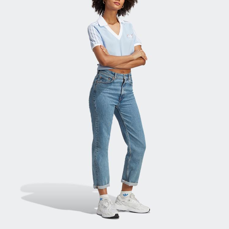 Adidas Ori Trefoil Cherry Blossom Ltd Floral Print Striped Crop Casual Polo Women Tops Light-Pink Blue IP3756