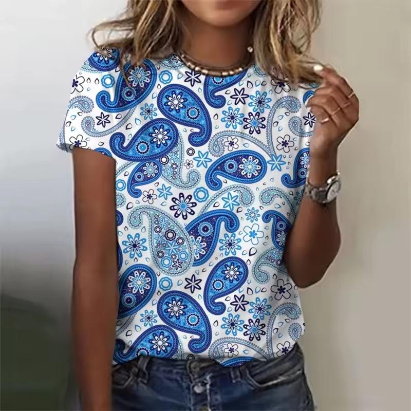 Summer Round Neck Retro Bohemian 3D Print Top Fashionable Casual Short Sleeved Women's T-shirts