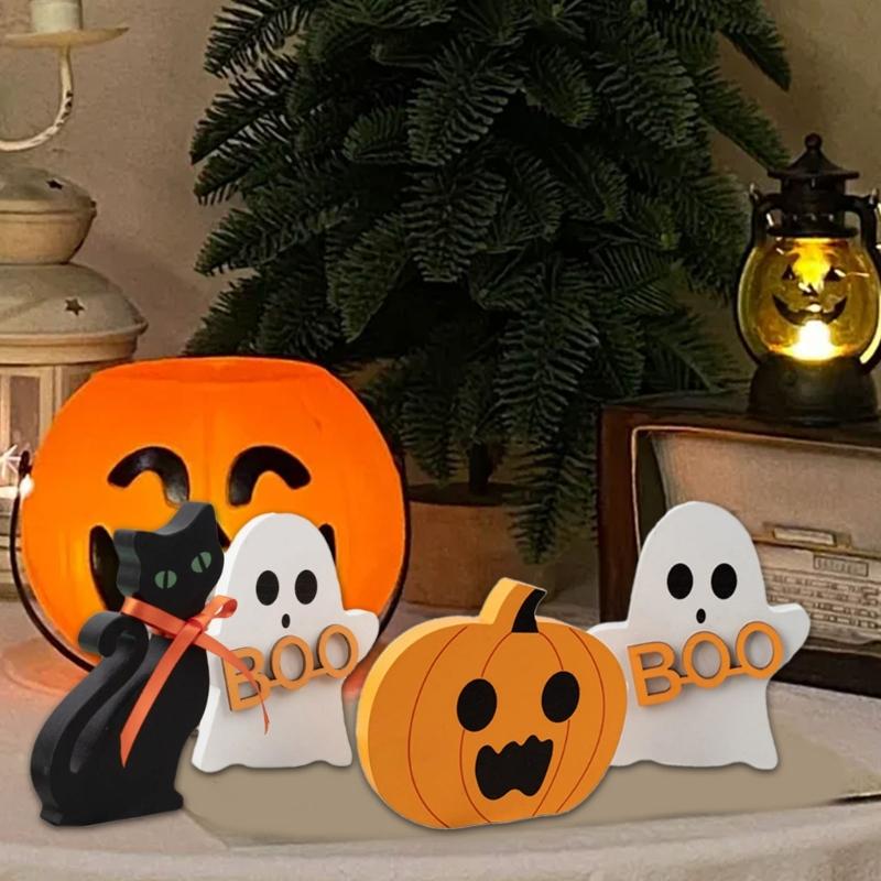 3PCS Spirit Pumpkin Cats Table Sign Wooden Ornaments Halloween Home Tabletop Decoration Festival Parties Supplies