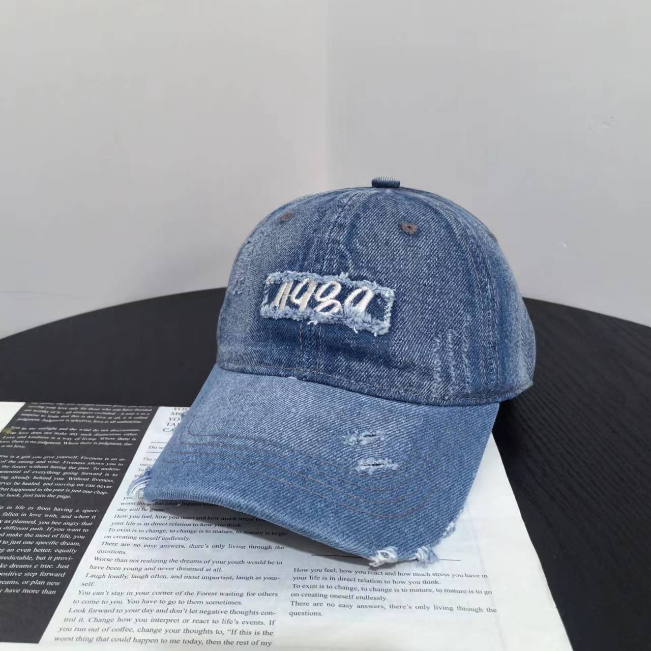 

Шляпа женская стираная джинсовая кепка с вышитыми буквами для улицы, мужская бейсболка для путешествий с солнцезащитным козырьком M（56-58cm）