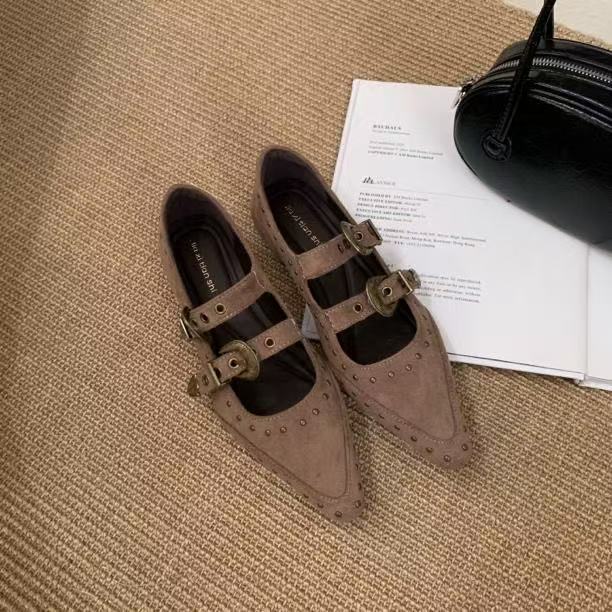 French retro pointed Mary Jane shoes women's new suede flat shoes with skirts versatile small leather shoes