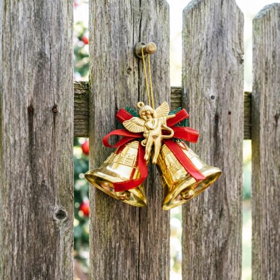 Thickened Electroplated Bell Christmas Ornament with Red Ribbon Bow, Small Jingle Gift Box Accessory Tree Hanging Decoration for Tree, Garland,