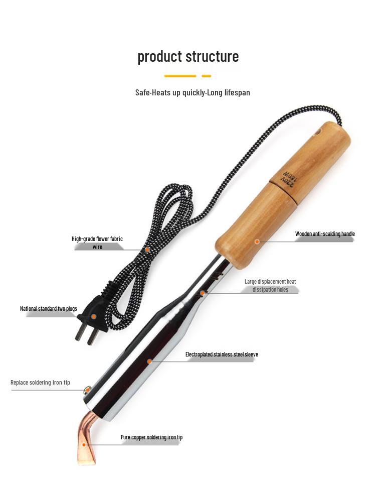 High-Power Wood Handle Soldering Iron with Bent Flat Copper Tip - 100W to 300W