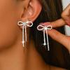 Crystal Bow Knot Tassel Drop Earrings, Silver/Black Rhinestone Long Dangle Earrings for Women