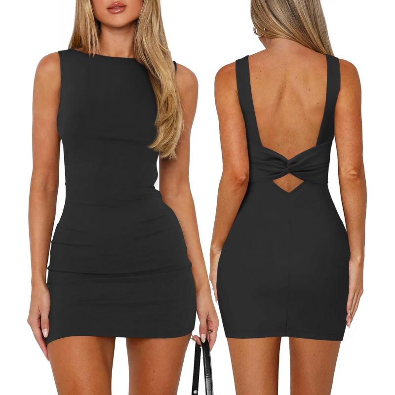 Sweet wind 2026 summer one-word collar high-end loose backless high-end casual dress S чёрный